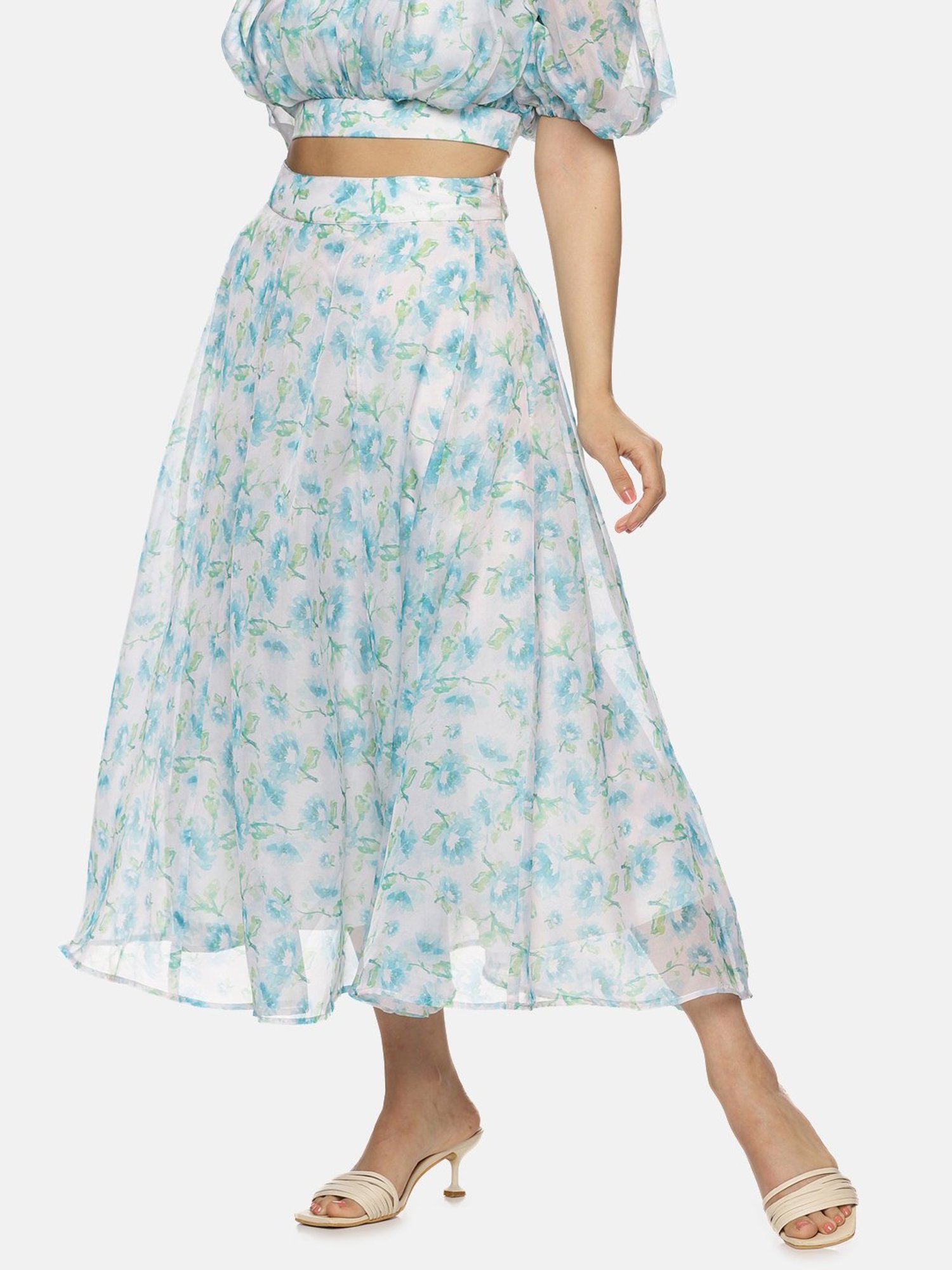 ISU White Floral Print A Line Maxi Skirt