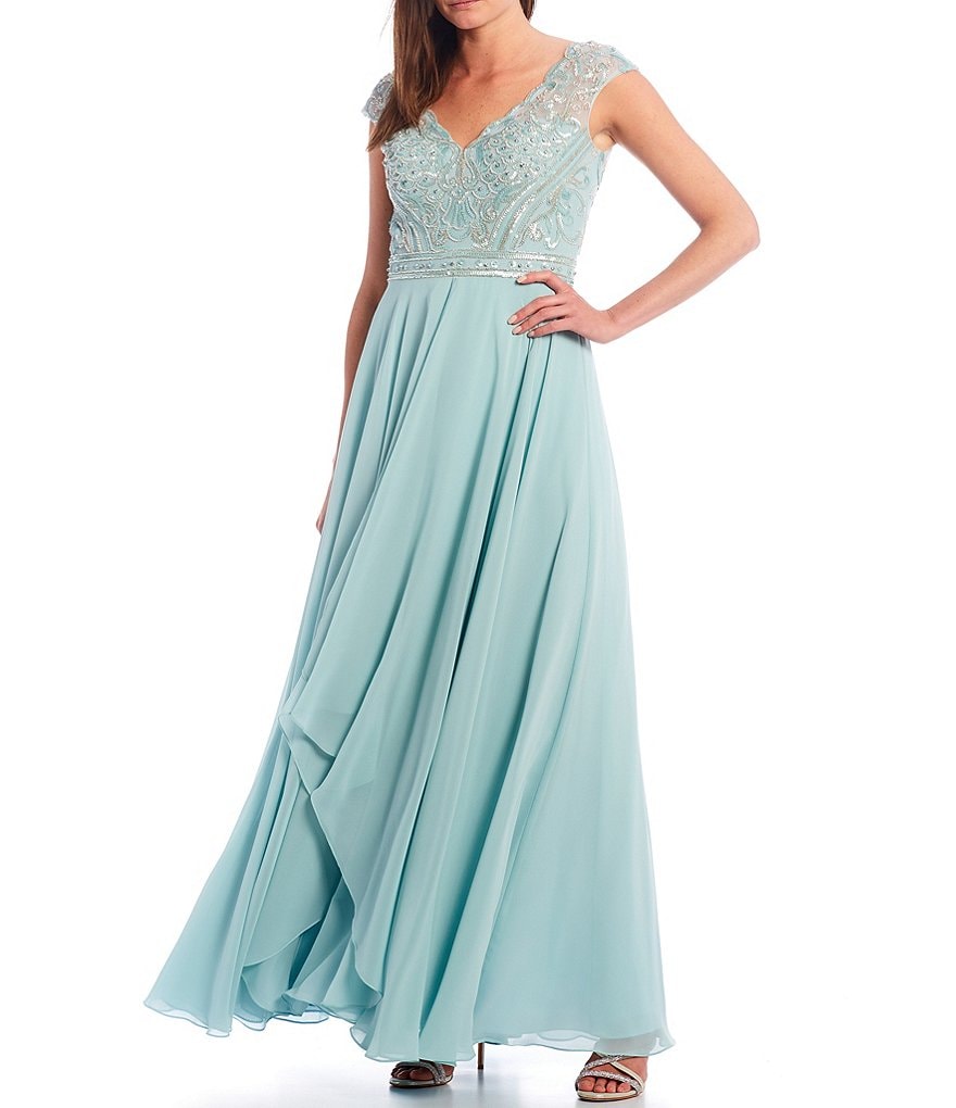 Xscape Beaded Bodice Double V-Neckline Chiffon Ball Gown