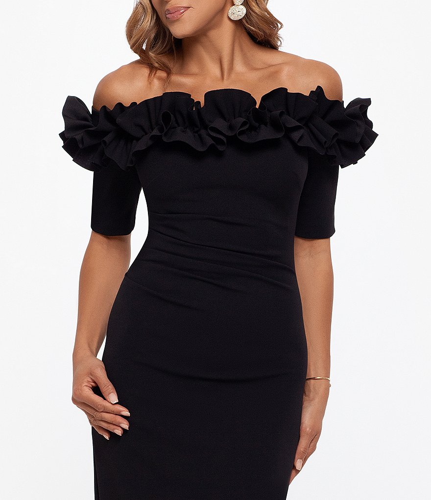 Xscape Ruffle Off-the-Shoulder Column Back Slit Crepe Gown