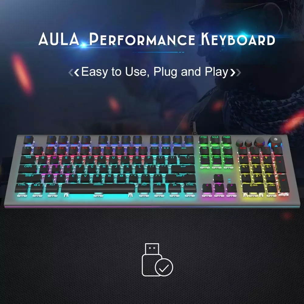 AULA S2096 Gamer Keyboard Mechanical Gaming Keyboard Backlit LED Wired 104 Keys Anti-ghosting Brown Blue Switch for PC Computer
