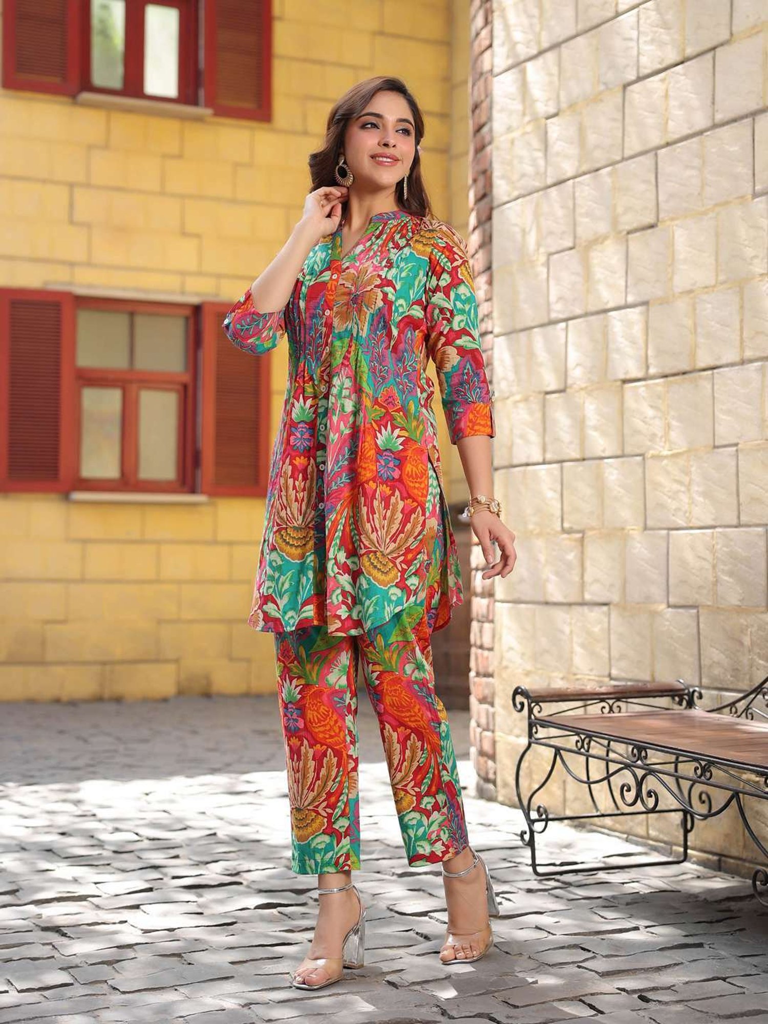 Rain and Rainbow Multicolored Cotton Printed Tunic & Pant Set