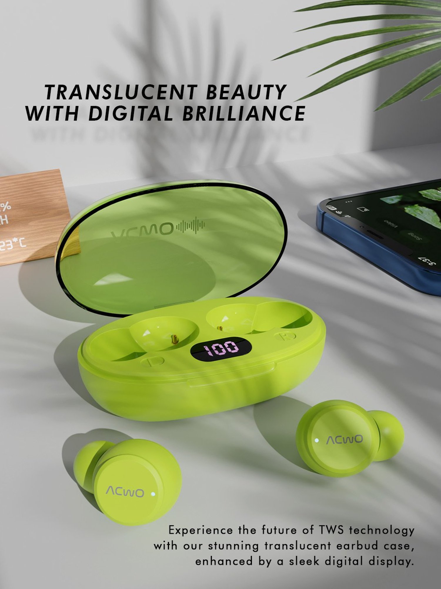 ACwO DwOTS Trans In Ear Bluetooth Earbuds with 35 Hours Playtime (Lime-Green, True Wireless)