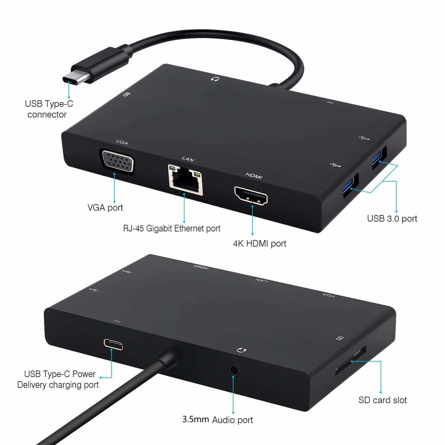 8in1 Type-C HUB with 4K HDMI VGA  1000M LAN  SD  2 x USB3.0  PD + 3.5mm Audio Adapter, Support 4K Video and Audio, Gigabit Ethernet, SD Card Reader, USB-C PD 60W Quick Charging and USB 3.0 HUB.