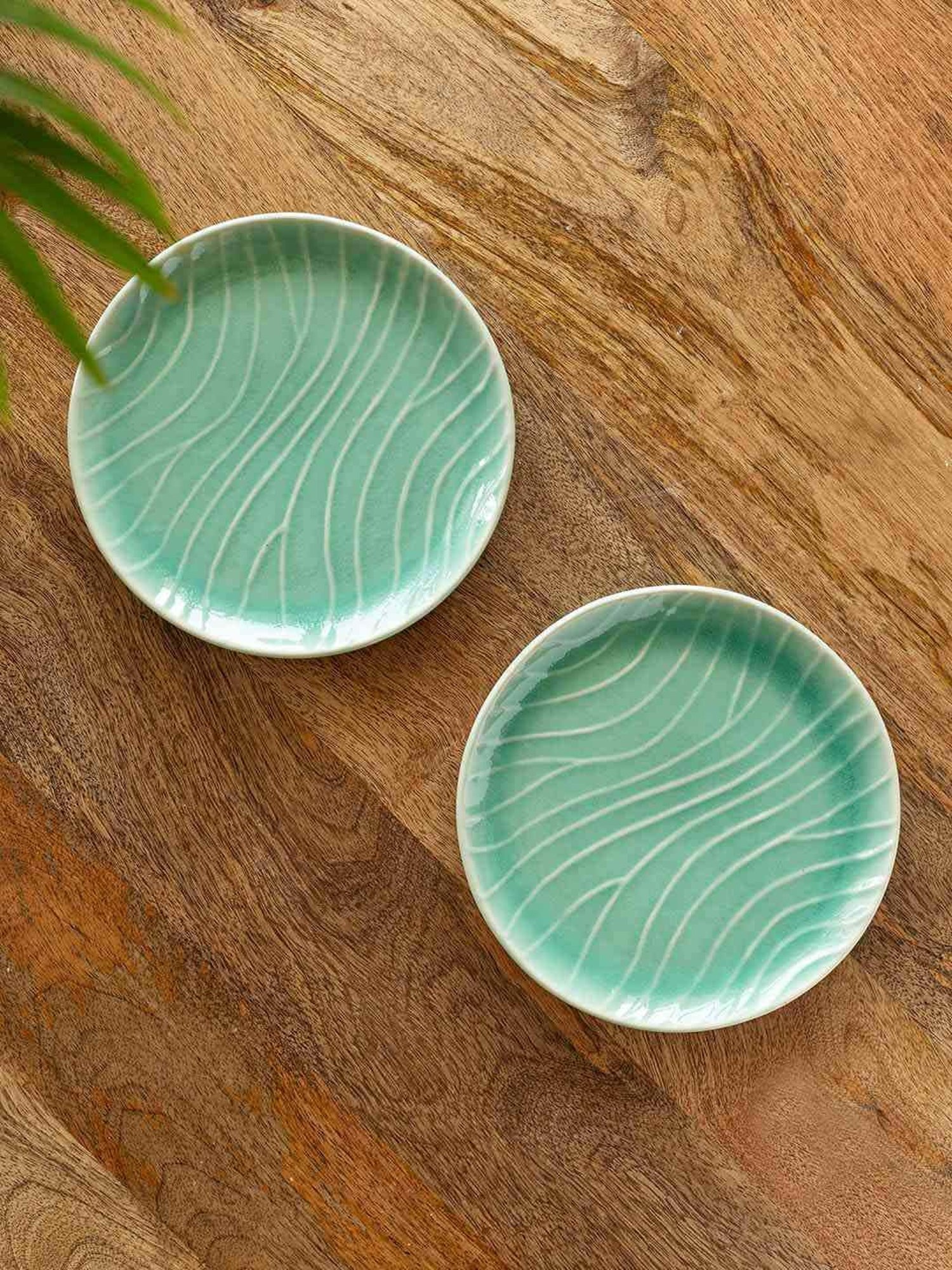 ExclusiveLane Sea Green Ceramic Hand Glazed Microwave Safe Side Plates - Set of 2