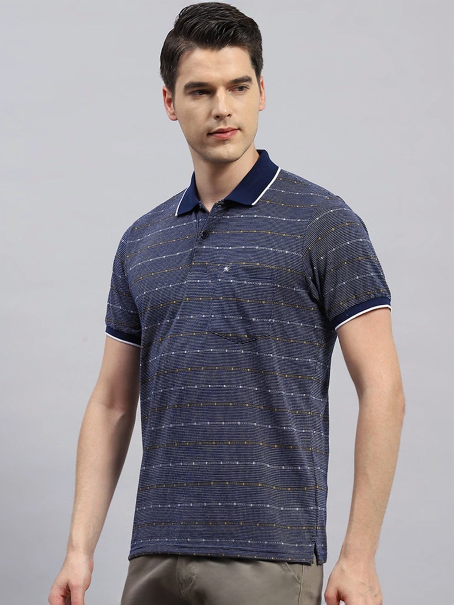 Monte Carlo Navy Blue Regular Fit Striped Polo T-Shirt