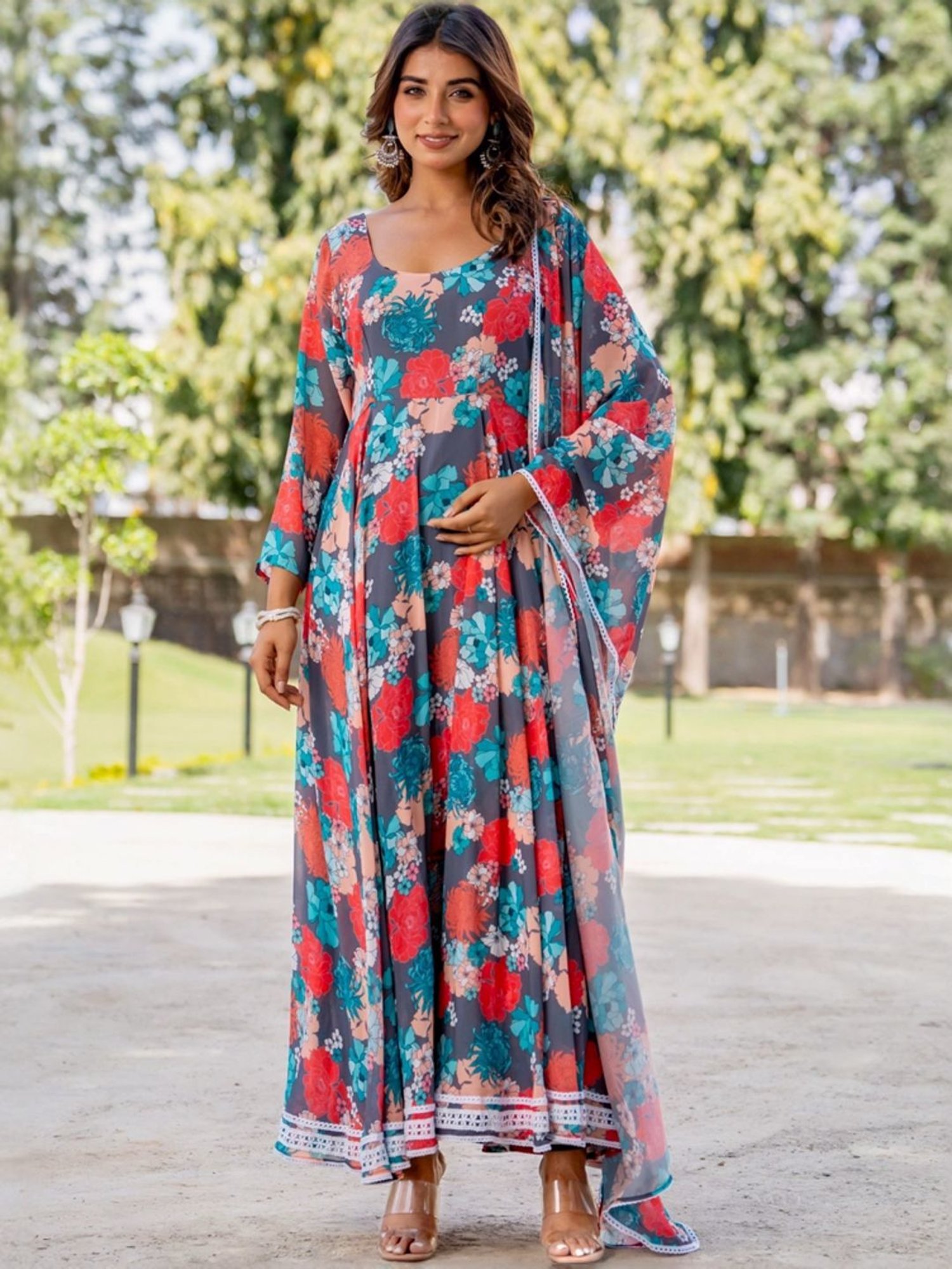 HOUSE OF JAMOTI Grey Printed Anarkali Kurta With Dupatta