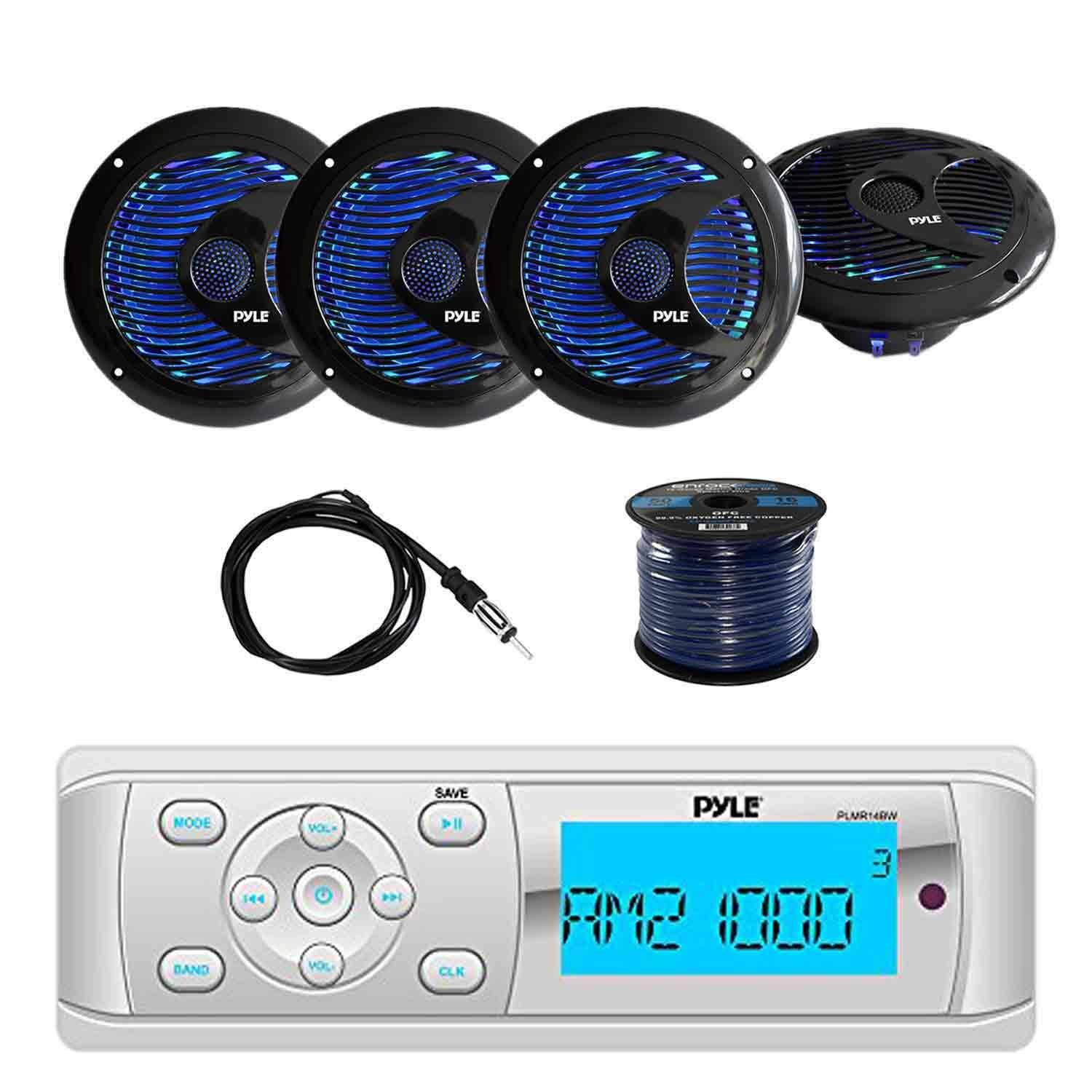 Pyle PLMR14BW BT Marine Stereo Radio Receiver With Pyle PLMR6LEB 6.5'' WP Marine Grade SPKR w/ Built-in Multi-Color LED lights(2-Pairs), Enrock EKMR2 Marine Antenna & Enrock Marine 50' 16G SPKR Wire