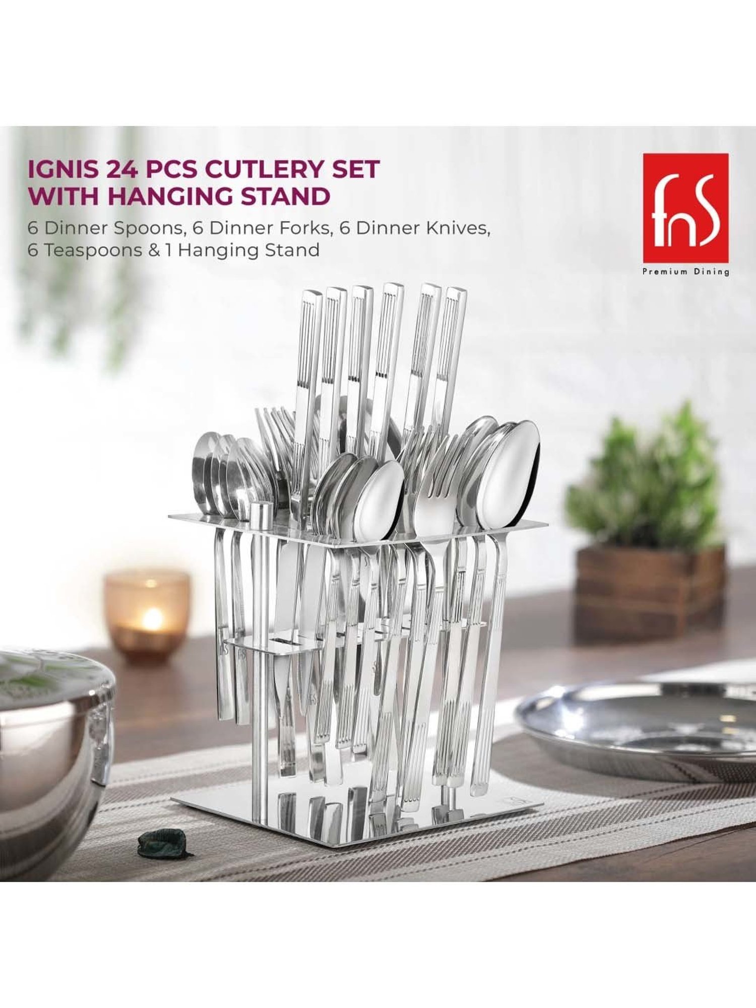 FnS Ignis Silver Stainless Steel Cutlery - Set of 24