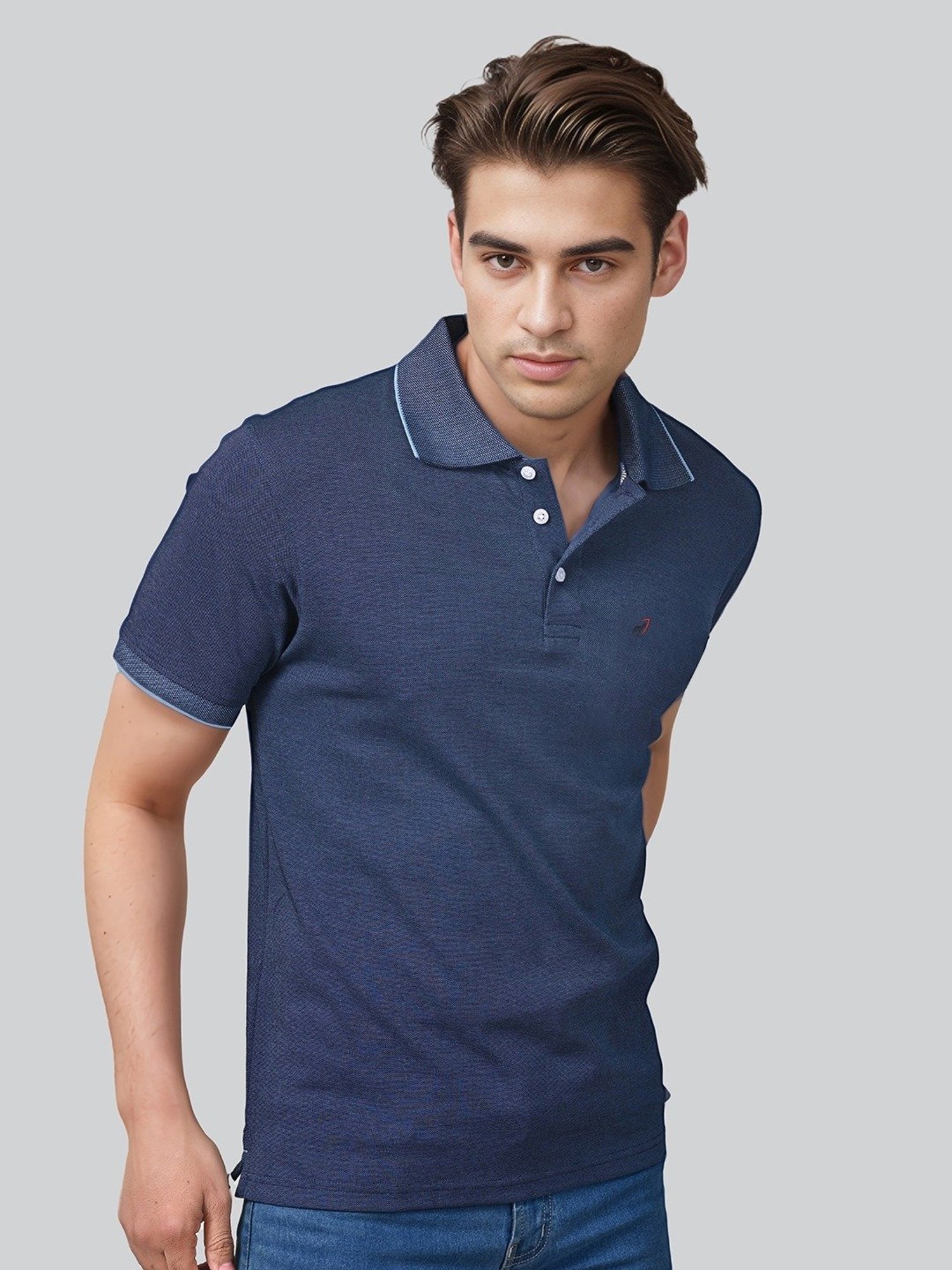 Lux Nitro Denim Blue Cotton Regular Fit Texture Polo T-Shirt