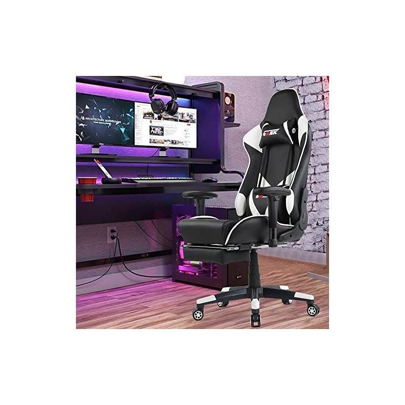 Gaming Chair Racing Chair PU Leather Ergonomic High-Back Adjustable Height Professional E-Sports Chair with Footrest and Lumbar Pillows (White)