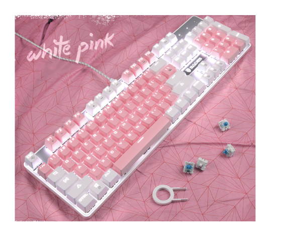 rgonomic Design, All 104 Non-conflicting keys Cool Exterior With 8 White Backlit Modes, USB Wired Blue Mechanical Gaming Keyboard - Pink and White