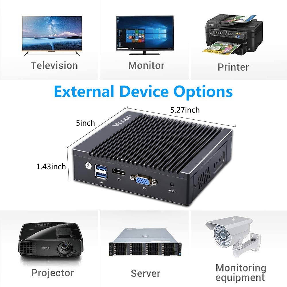 Vnopn Fanless Mini PC Intel Celeron N2940 Quad-core Small Computer with Windows 10 Pro License, 8G RAM 128G SSD, 4X Intel Gigabit NIC Firewall/USB 3.0/WiFi/HDMI/VGA, Auto Power on/Wake on LAN