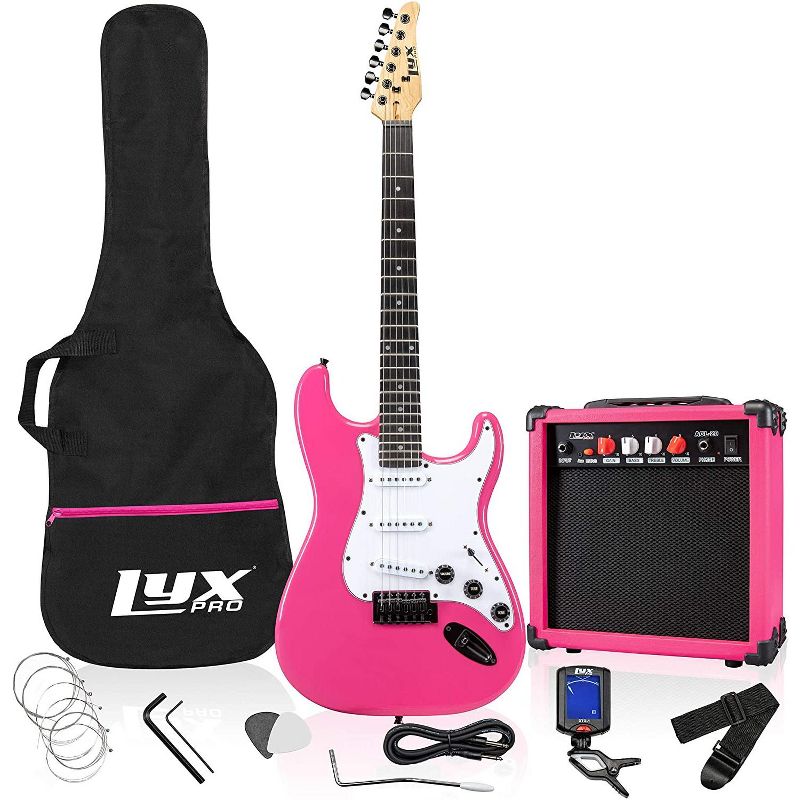LyxPro 39'' inch Full Size Electric Guitar with 20w Amp, Package Includes All Accessories, Digital Tuner, Strings, Picks, Tremolo Bar, Shoulder Strap, and Case Bag Complete Beginner Starter kit - Pink