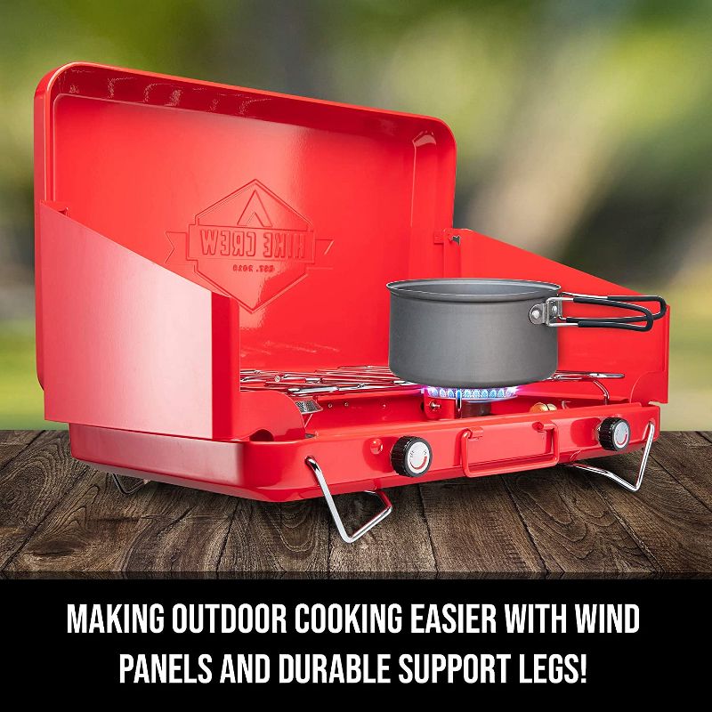 Hike Crew Portable Dual Propane Burner Camping Stove, Built-in Carrying Handle, Foldable Legs & Wind Panels