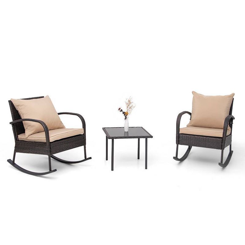 3pc Outdoor Wicker Rattan Rocking Chairs with Glass Top Table - Tan - Crestlive Products