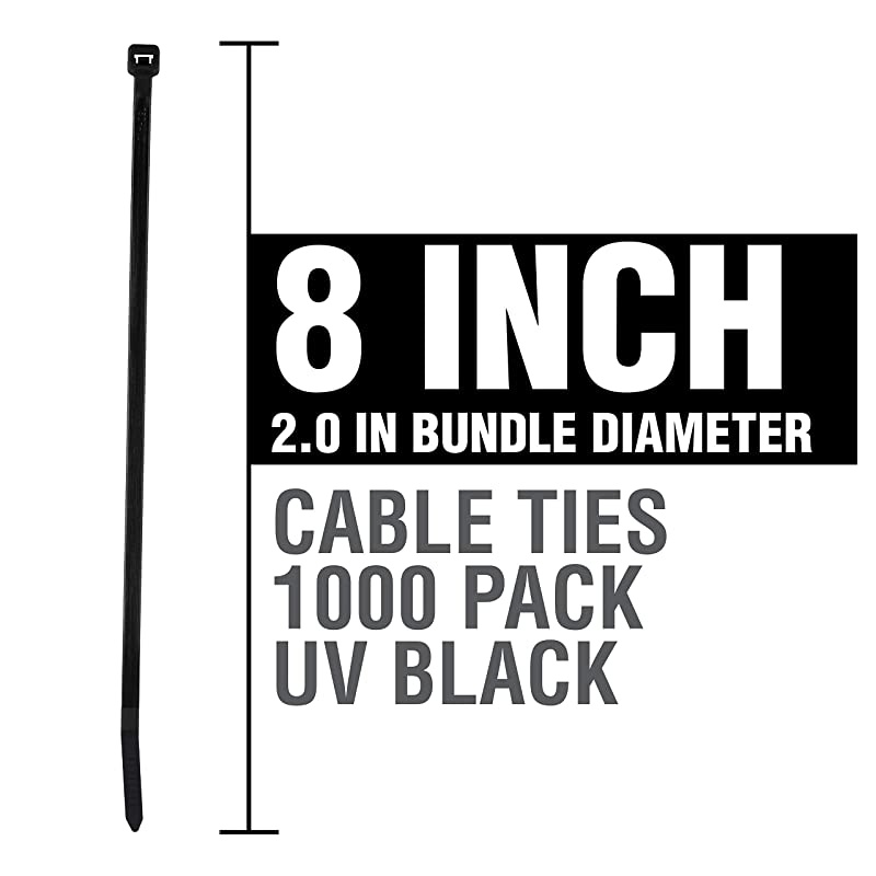ZipIts Cable Ties 8 Inch 75 Lb Standard Duty Zip Ties 1000 Pieces UV Black UL Listed Contractor Quality Industrial Strength