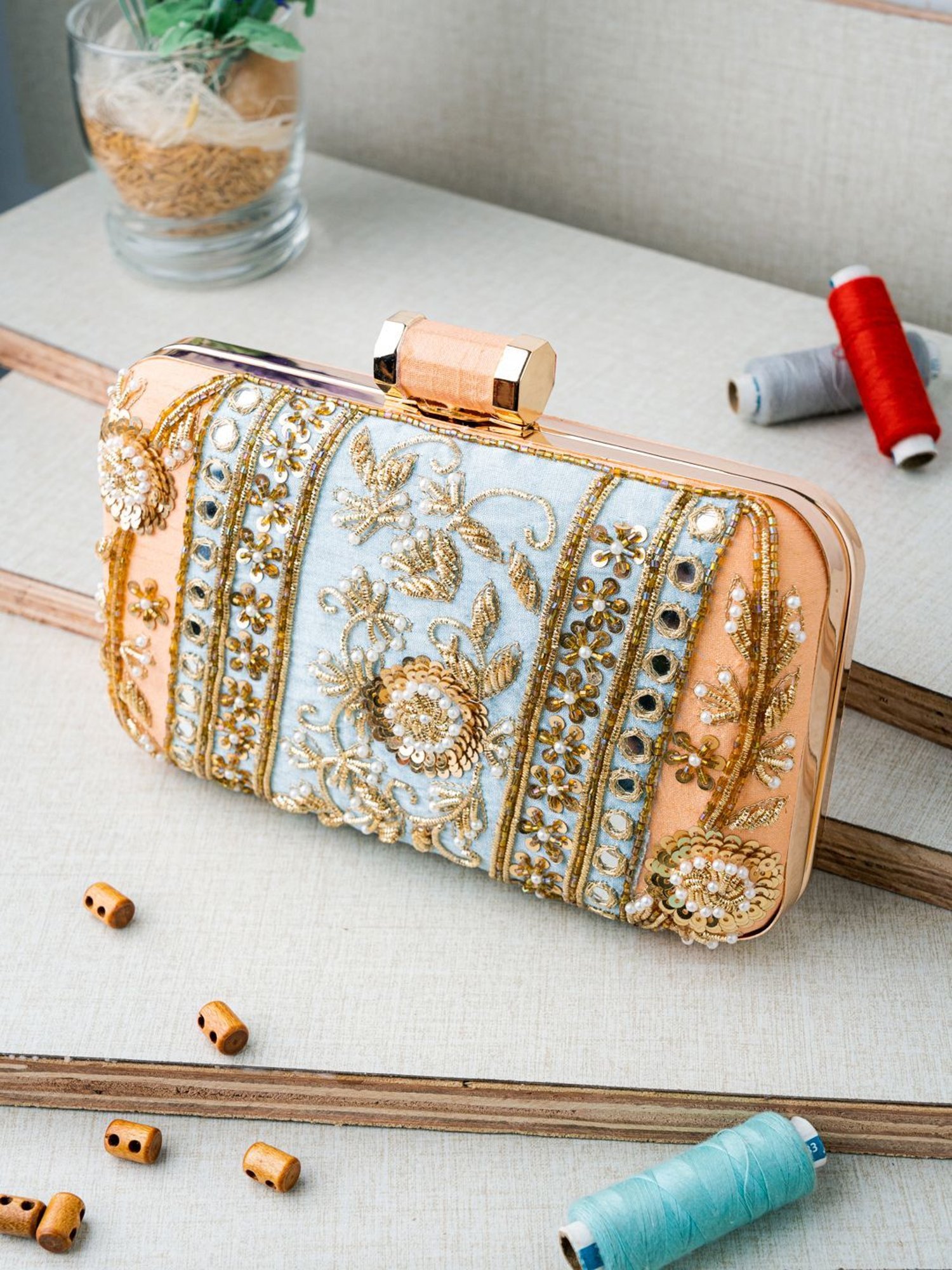 NR by Nidhi Rathi Beige Fabric Clutch