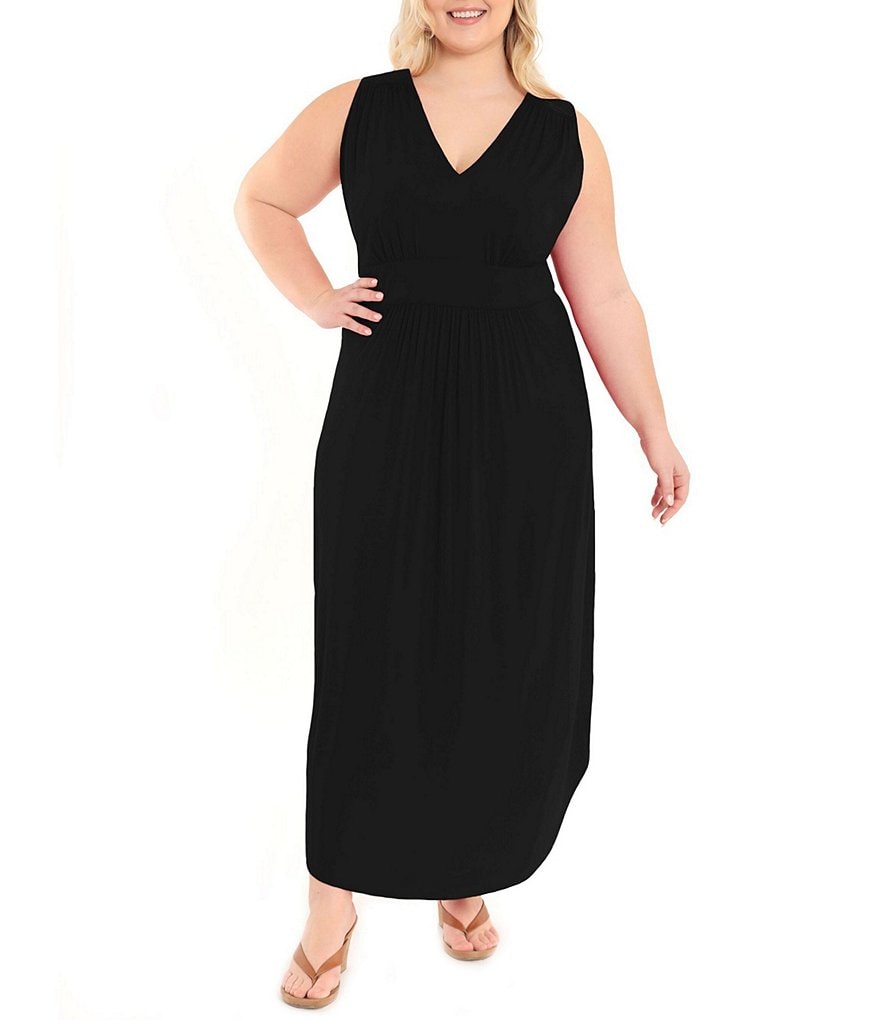 London Times Plus Size V-Neck Sleeveless Jersey Maxi Dress