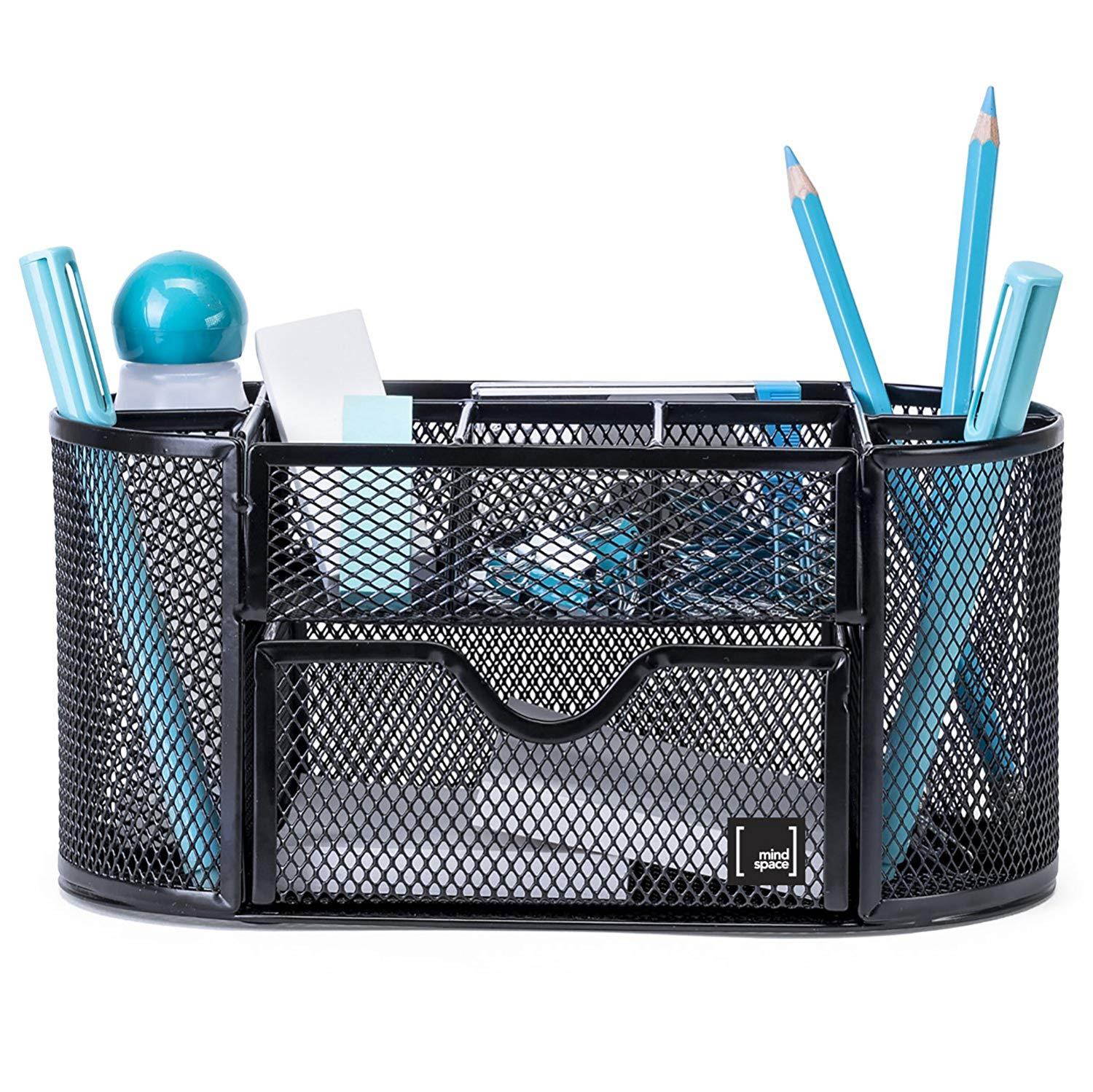 Pen Holder for Desk By Mindsapce with 8 Compartments + Drawer | The Mesh Collection, Black