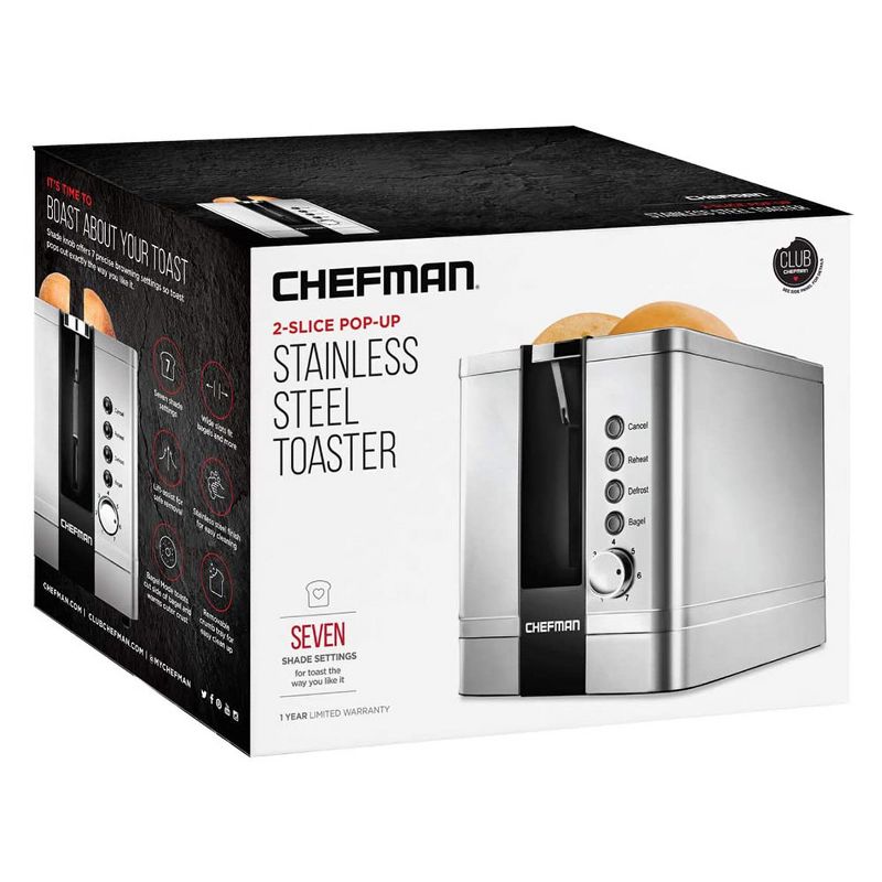 Chefman RJ31-SS-V2 Pop Up 2 Slice Stainless Steel 850W Kitchen Toaster with 7 Different Toasting Settings for Bagels, Bagels, Buns, Waffles, Silver