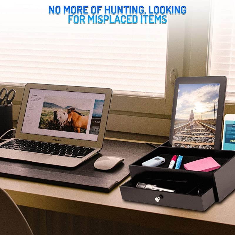 Valet Drawer Charging Station Black Nightstand Organizer Wallet and Key Tray Holds Watches Jewelry Tablet 5 Compartment Cell Phone Holder for Men and Women