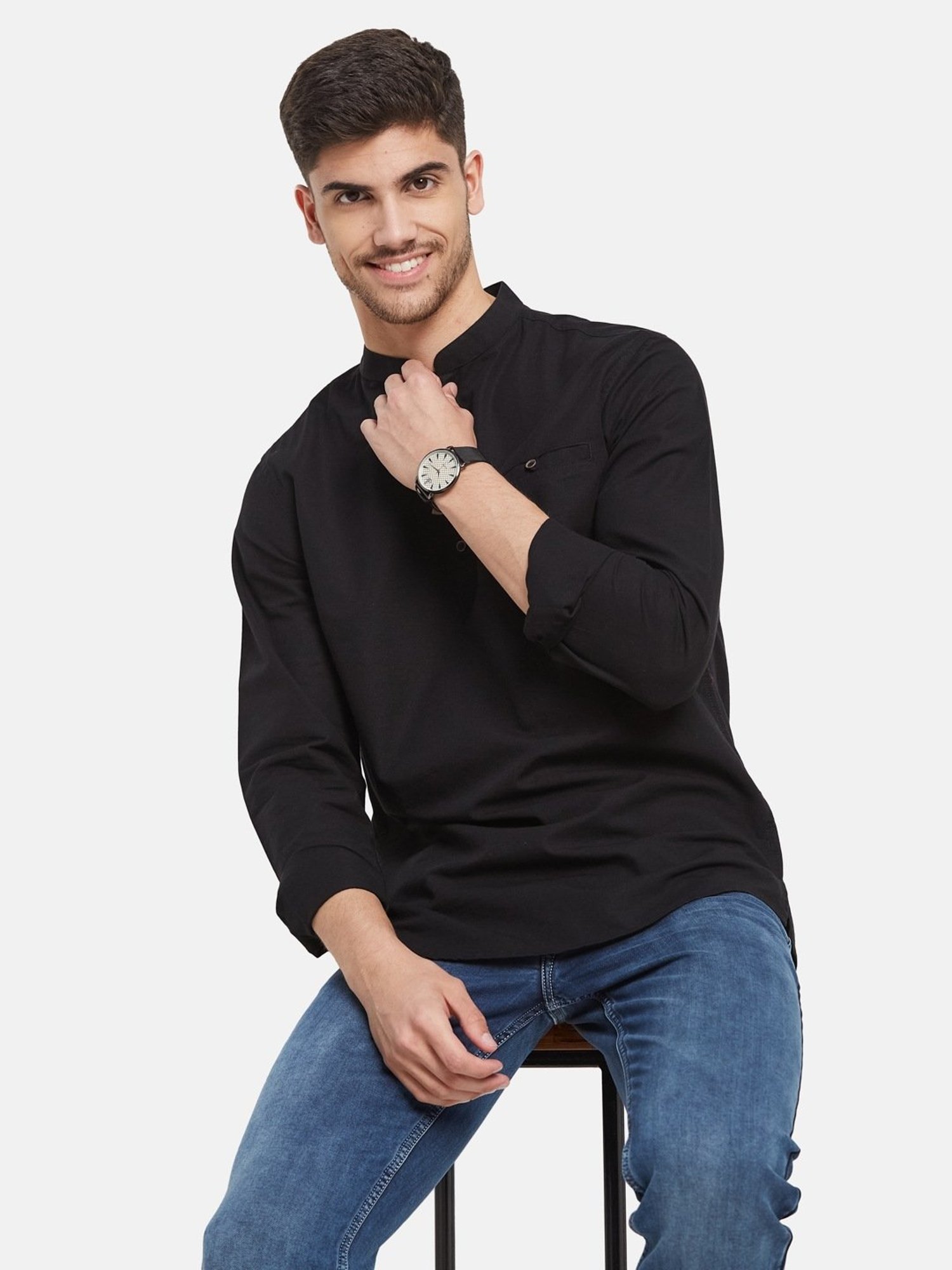 METTLE Black Cotton Regular Fit Shirt