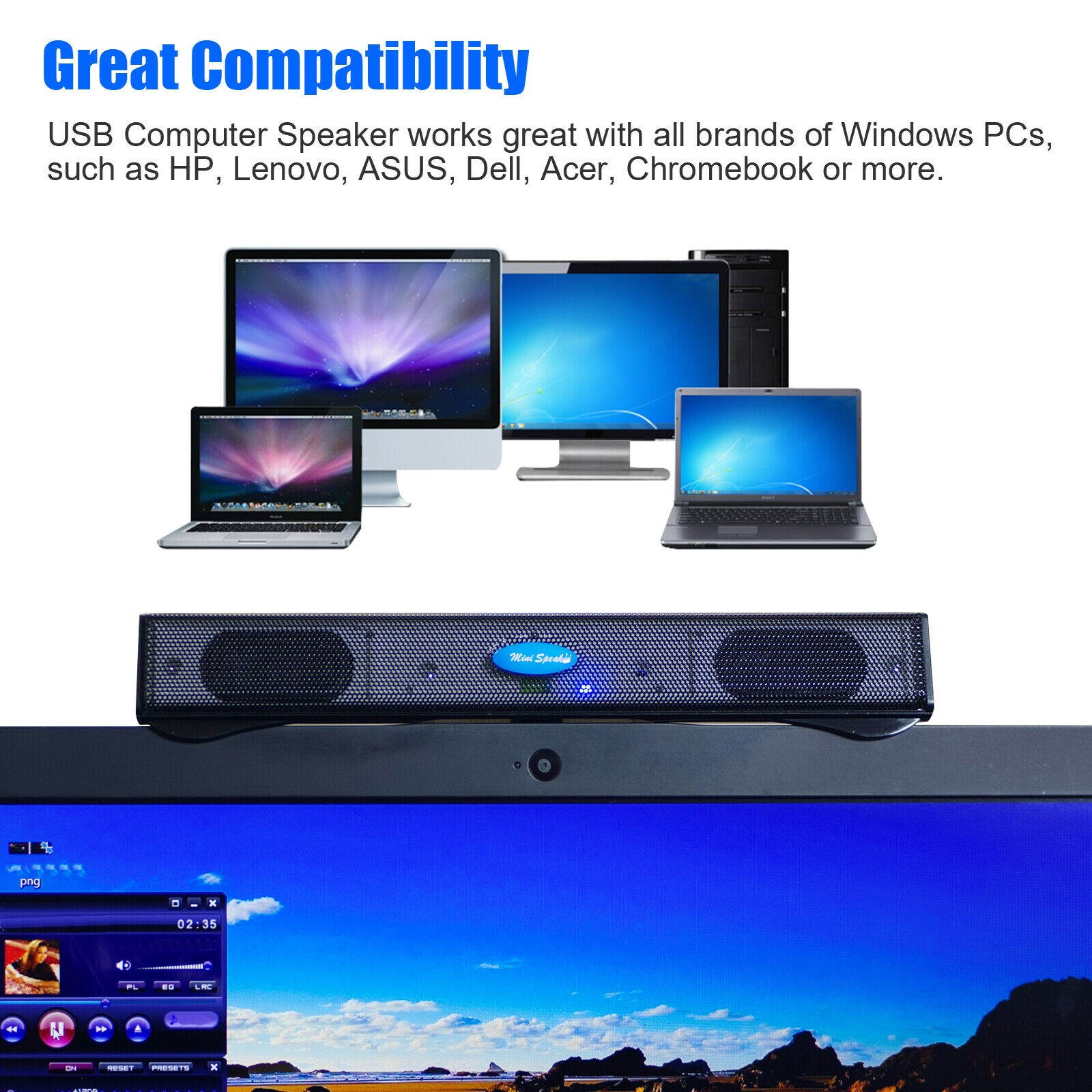 Wired USB Power Computer Speakers Stereo Sound Bar w/Clip For Desktop PC Laptop