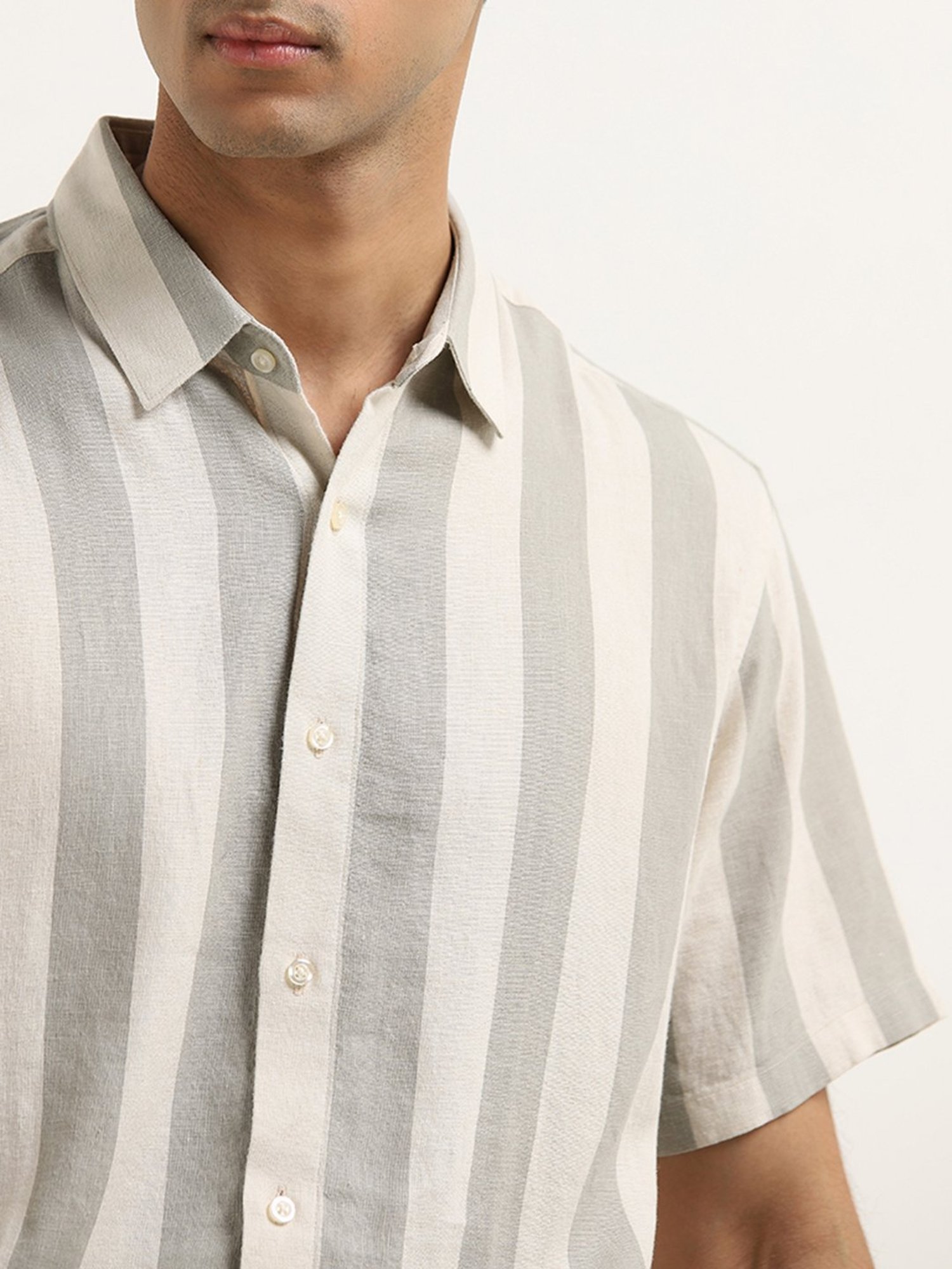 Ascot by Westside Grey Striped Blended Linen Relaxed-Fit Shirt