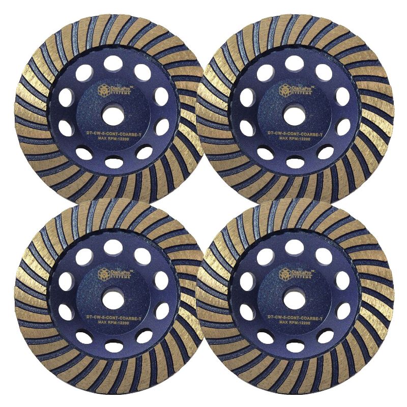 DiamaPro Systems 4 x DT-CW-5-CONT-COARSE-T Threaded 5 Inch Continuous Rim Turbo Concrete Polishing Grinding Cup Wheel, Coarse (4 Pack)