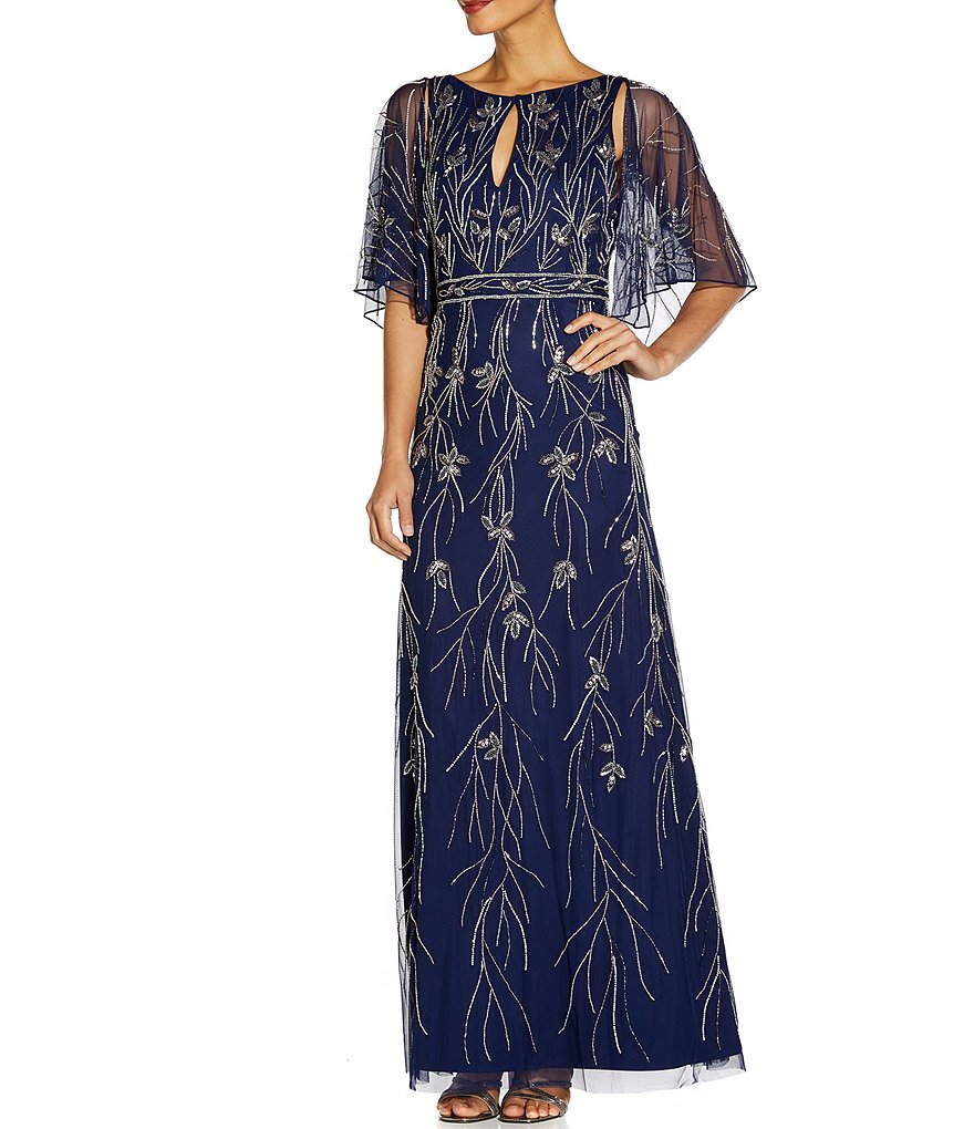 Aidan Mattox Flutter Sleeve Floral Beaded A-Line Gown