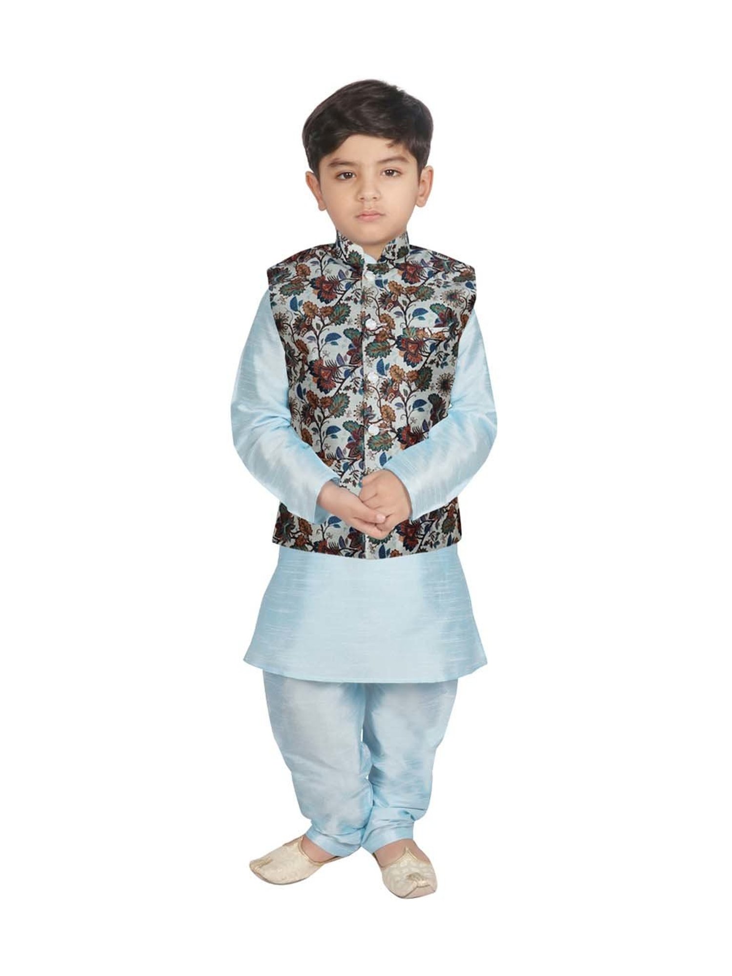 SG Yuvraj Kids Grey & Blue Floral Print Full Sleeves Kurta Set