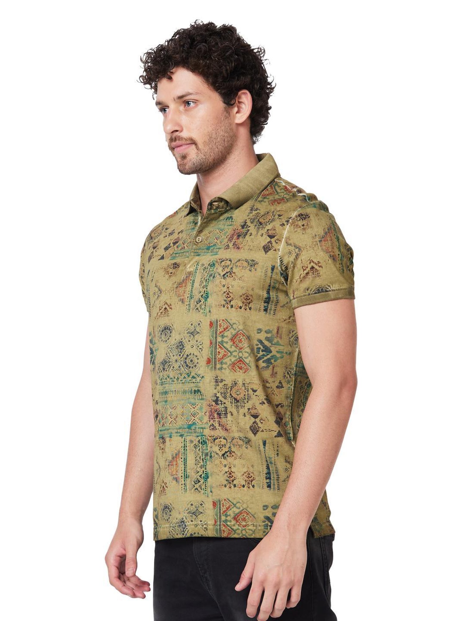Spykar Green Cotton Slim Fit Printed Polo T-Shirt