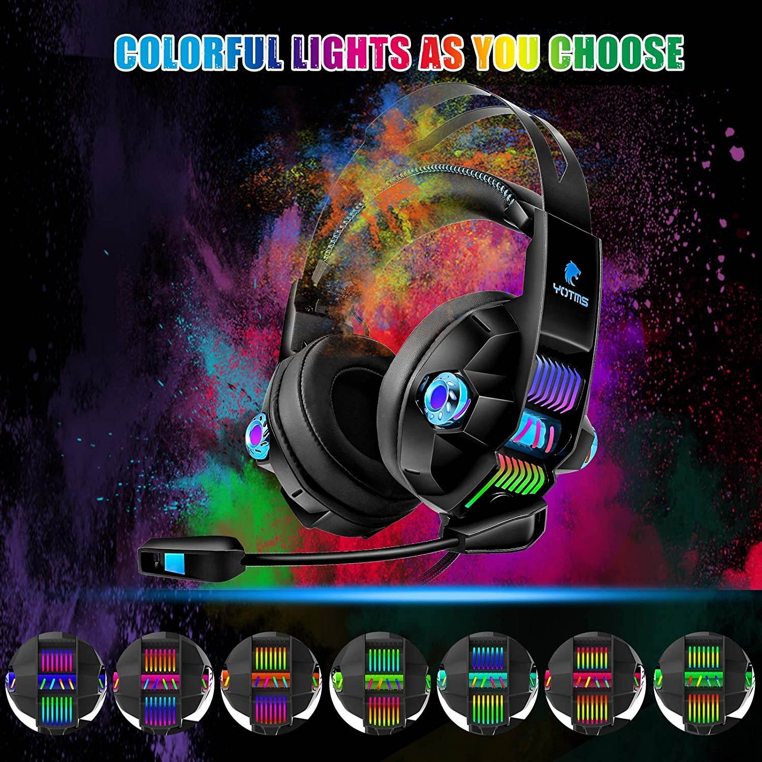 YOTMS Gaming Headset for PS4 PS5 PC Nintendo Switch Xbox One Headset with Noise Cancelling Mic Y1 Pro Wired Over Ear Headphones with RGB Light 7.1 Stereo Sound Soft Earmuffs for Laptop Mac Game