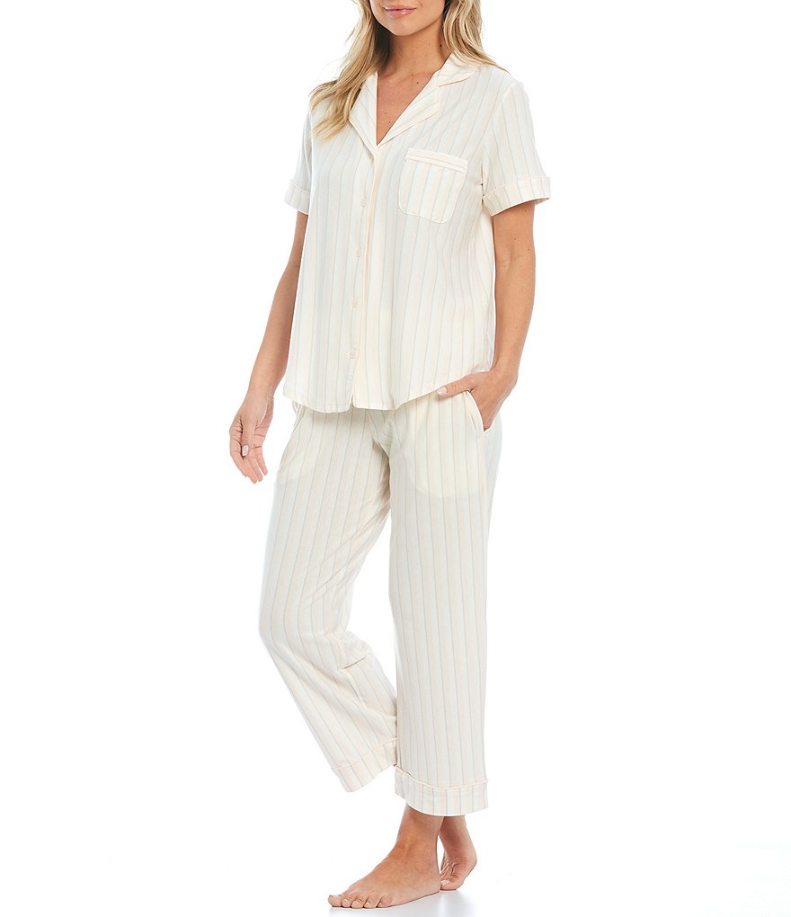 Cabernet Striped Print Knit Cropped Coordinating Pajama Set