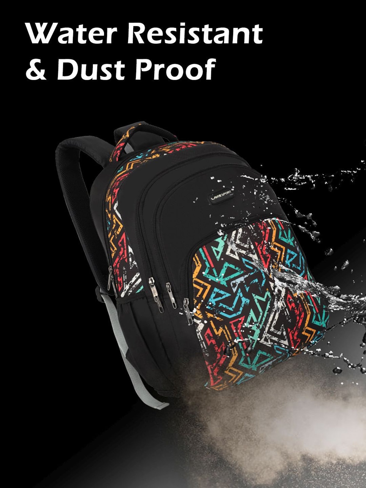 Lavie Sport Vector 39L Printed School Unisex Backpack with Rain cover for Boys/Girls (Black)