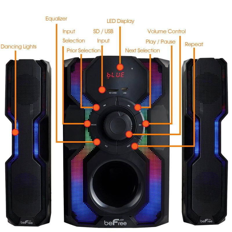 BeFree Sound BFS-A102 2.1 Channel Bluetooth Multimedia Wired Speaker Shelf Stereo System with Reactive LED Lights, FM Radio, USB & SD Inputs, 6 ohm - Black & Silver