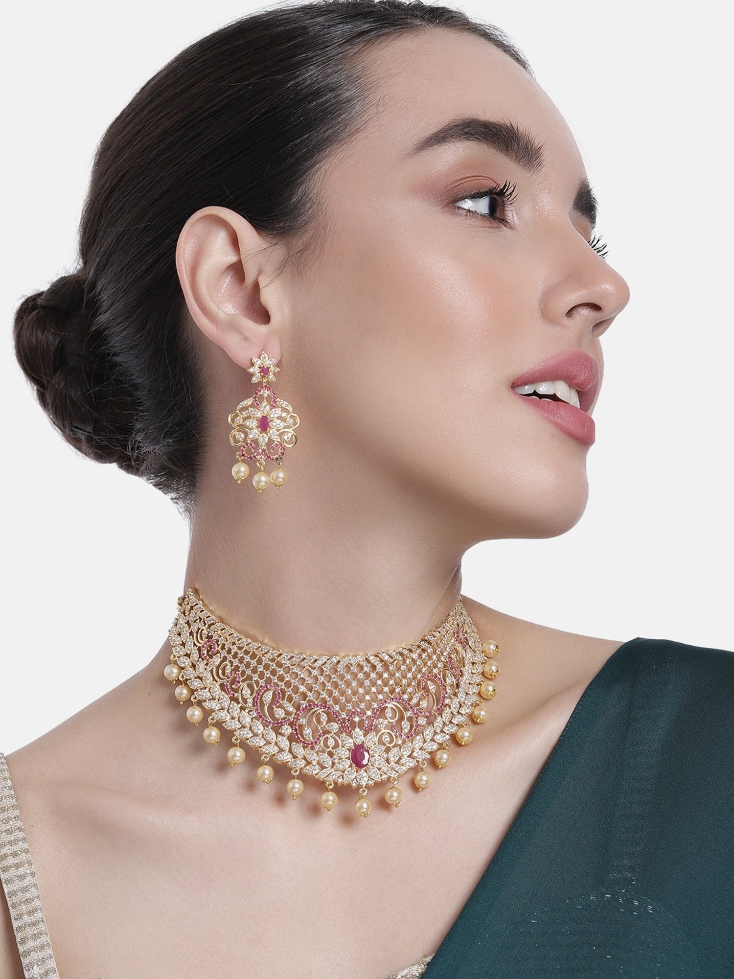 Estele Gold-Plated CZ Bridal Choker Necklace Set with Red Crystals & Pearls For Women