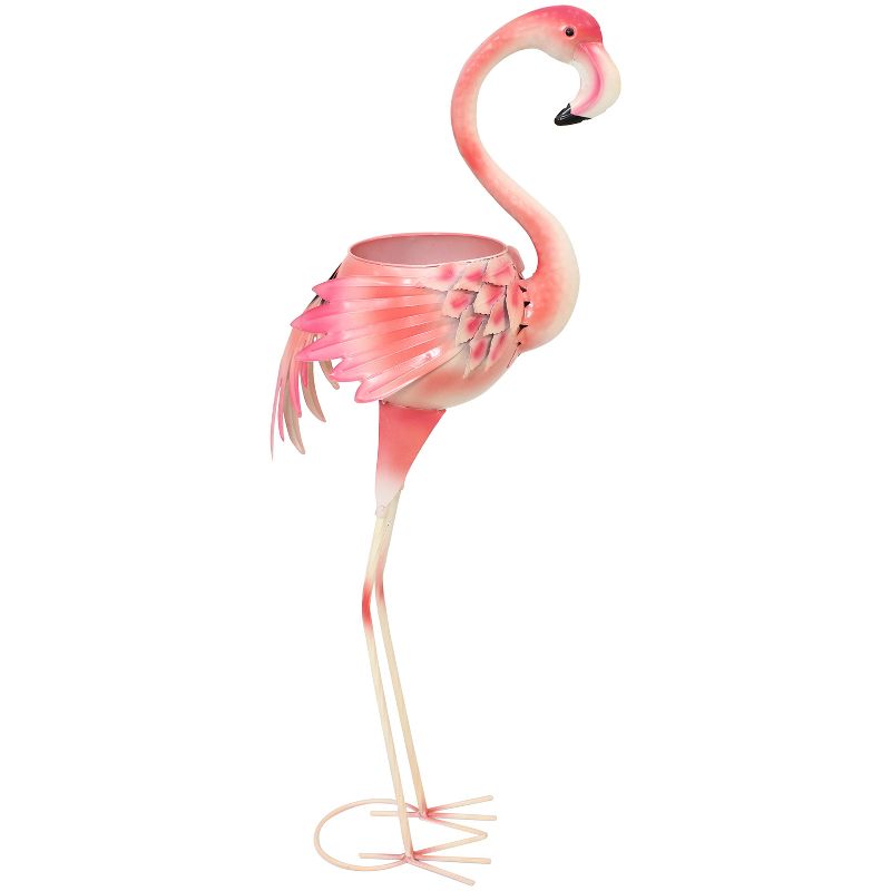 Sunnydaze Metal Pink Flamingo Outdoor Garden Statue with Flowerpot - 36"