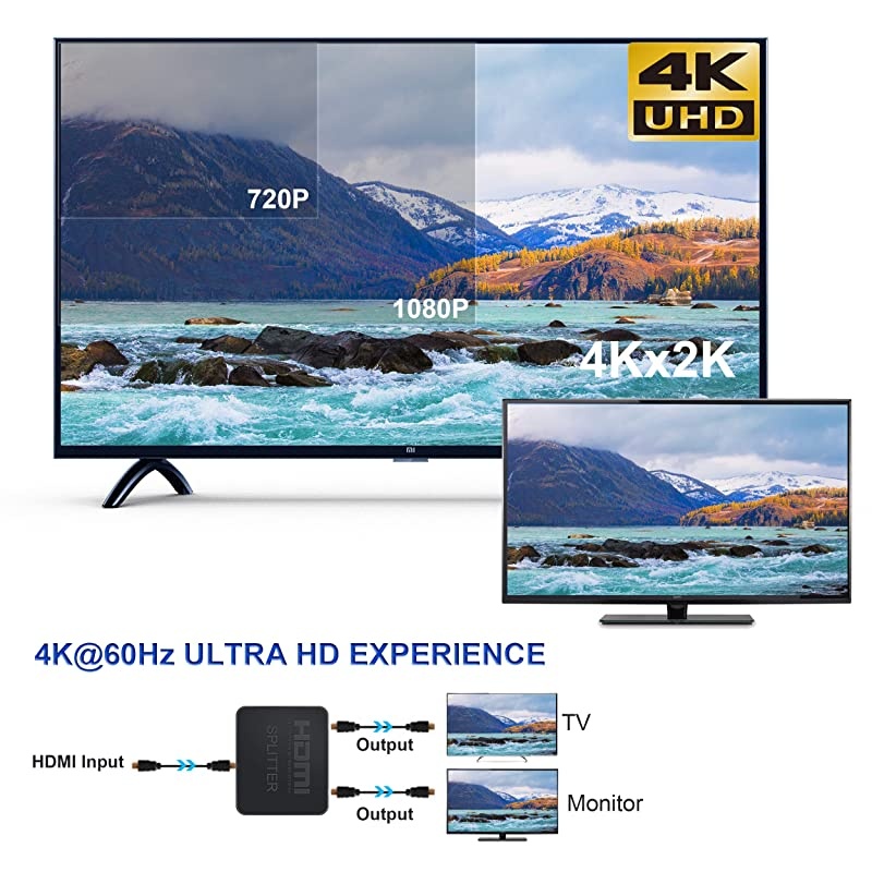 HDMI Splitter 4K@60Hz,  HDMI Splitter 1 in 2 Out, HDMI2.0b Splitter for Dual Monitors Only Duplicate/Mirror Screens, Support HDCP2.2, RGB 4:4:4, 18.5Gbps, Auto Scaling, Full HD 1080P 3D