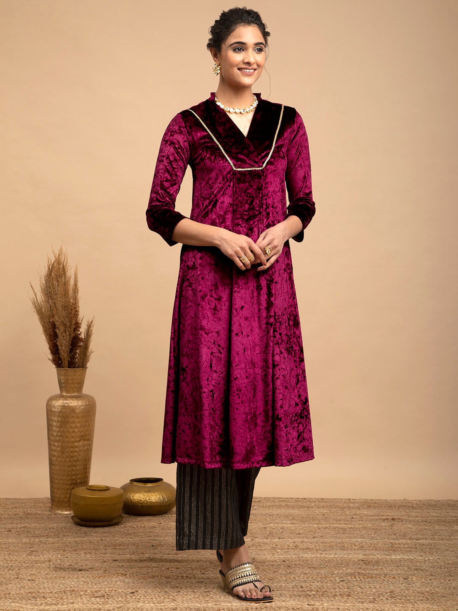 Pink Fort Maroon Regular Fit Kurta