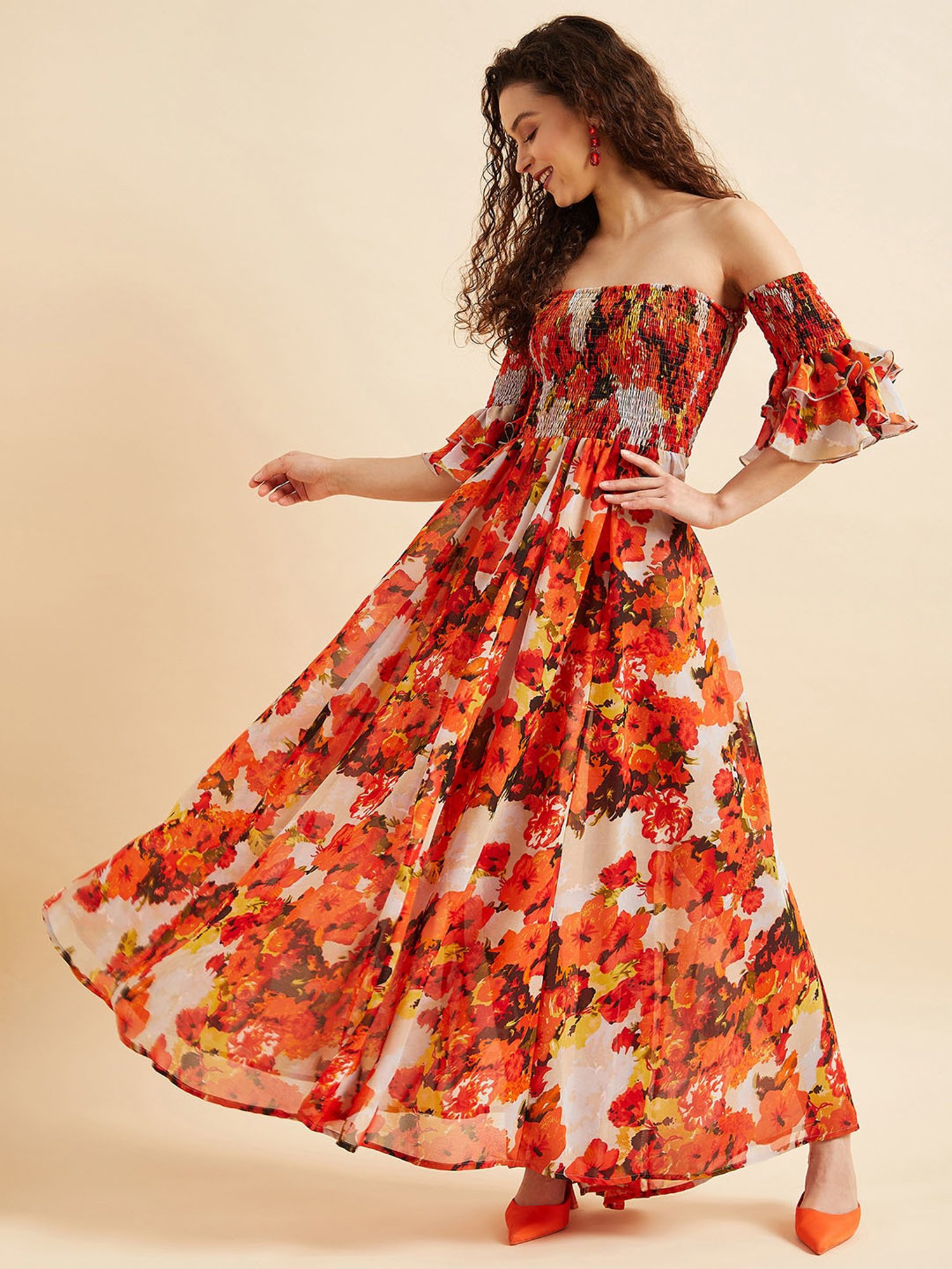 PANIT Orange Floral Print Ethnic Dress