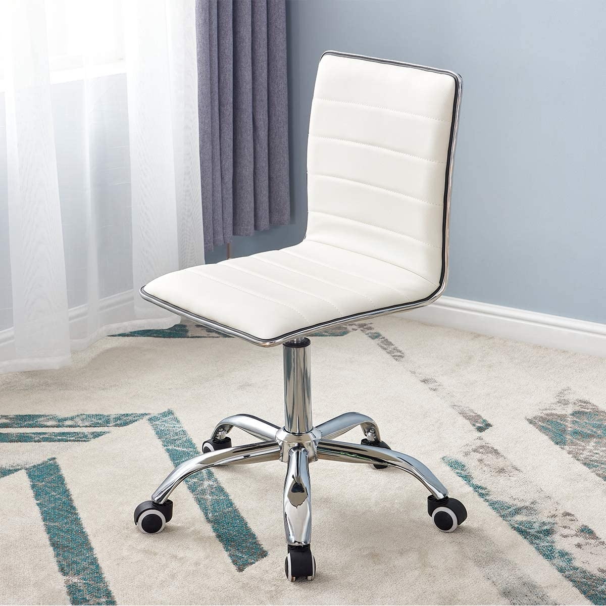 Ribbed Swivel Desk Chair Adjustable Task Chair PU Leather Mid Back Rolling Office Chair with Wheels Padded Task Conference Chair with Backrest for Office Home Computer Without Arms, White