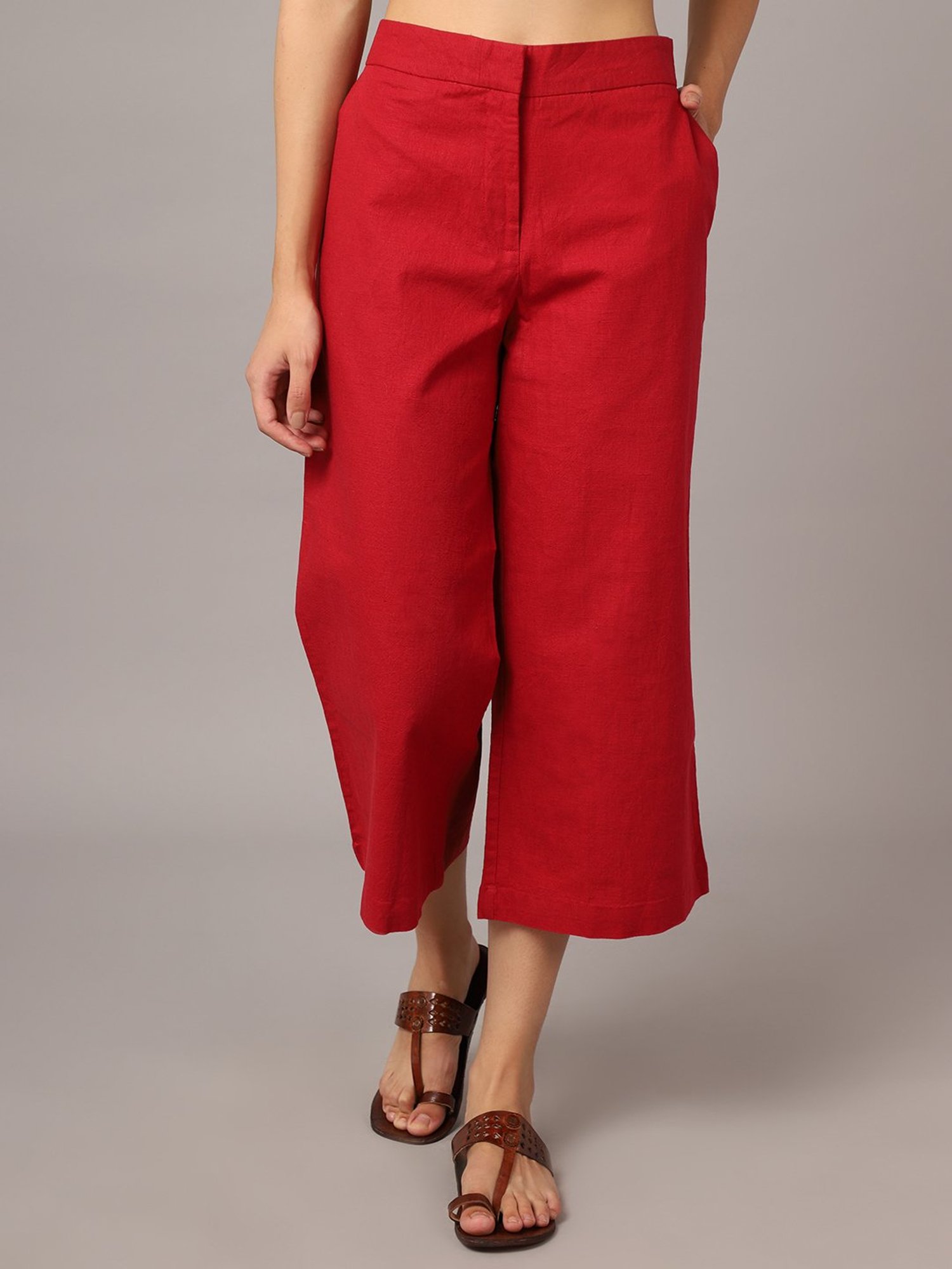 Crozo By Cantabil Red Regular Fit Mid Rise Crop Pants