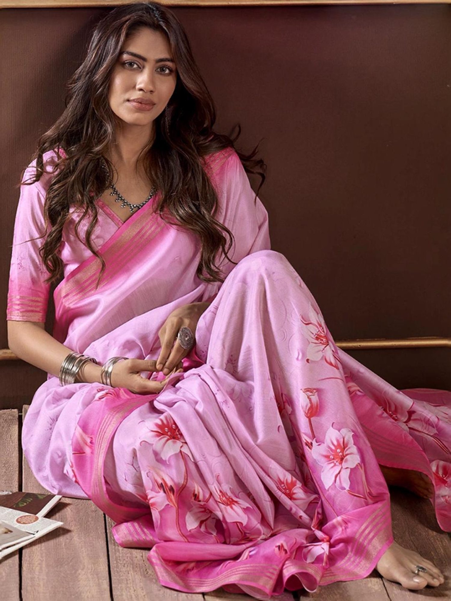 Satrani Pink Floral Print Saree With Unstitched Blouse