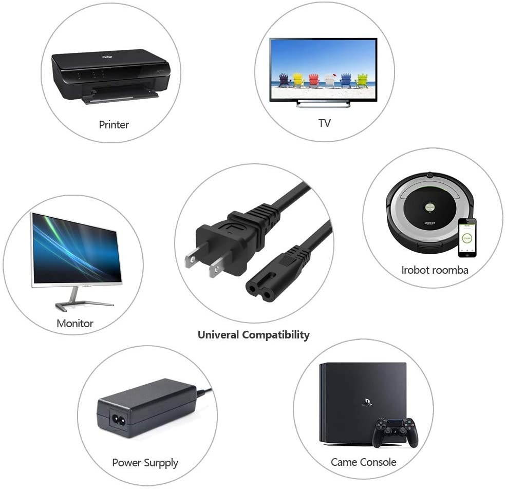 {UL Listed} BRENDAZ Compatible w/Charger, Xbox One S/X Game Console, Slim Edition PS3, Playstation 4, Slim PS4, Universal 2 Prong 2 Slot Power Cord Cable Non Polarized NEMA 1-15P to IEC C7 (15-feet)