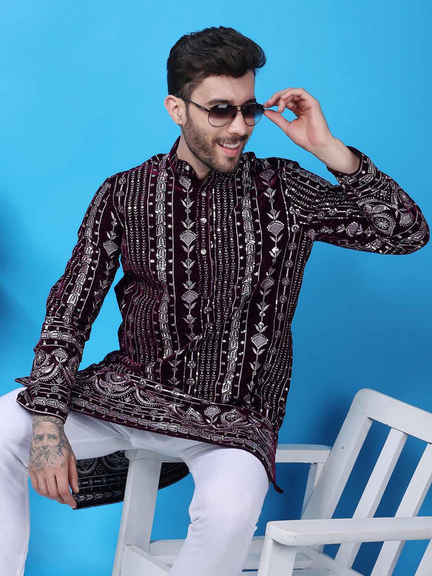 Hangup Purple & White Regular Fit Embellished Kurta Bottom Set