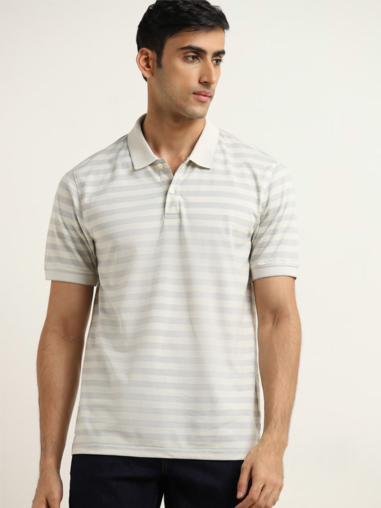 WES Casuals by Westside Light Grey Striped Relaxed-Fit Polo T-Shirt
