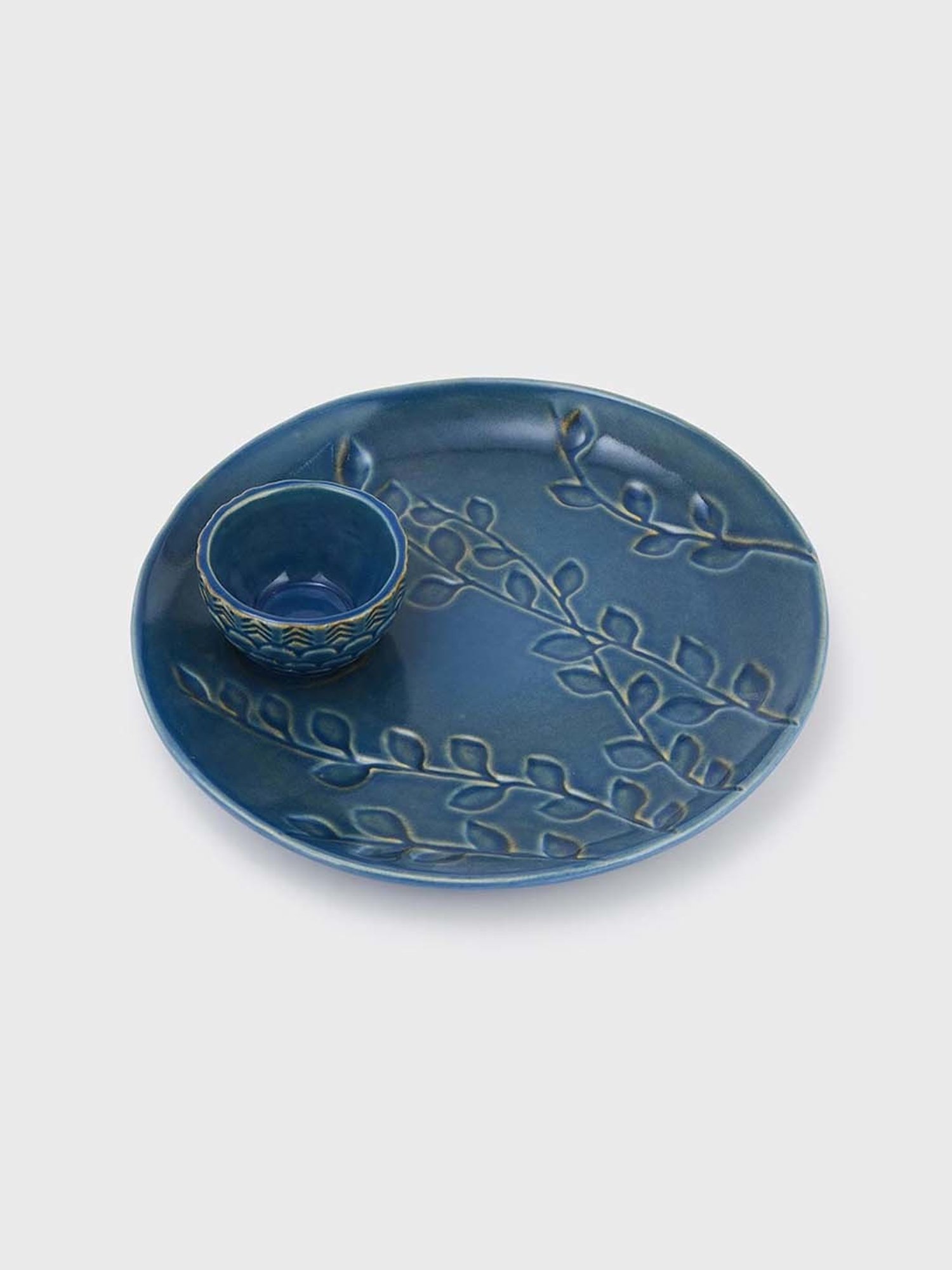 Fabindia Adhrit Blue Ceramic 1 Platters & 1 Dip Bowl