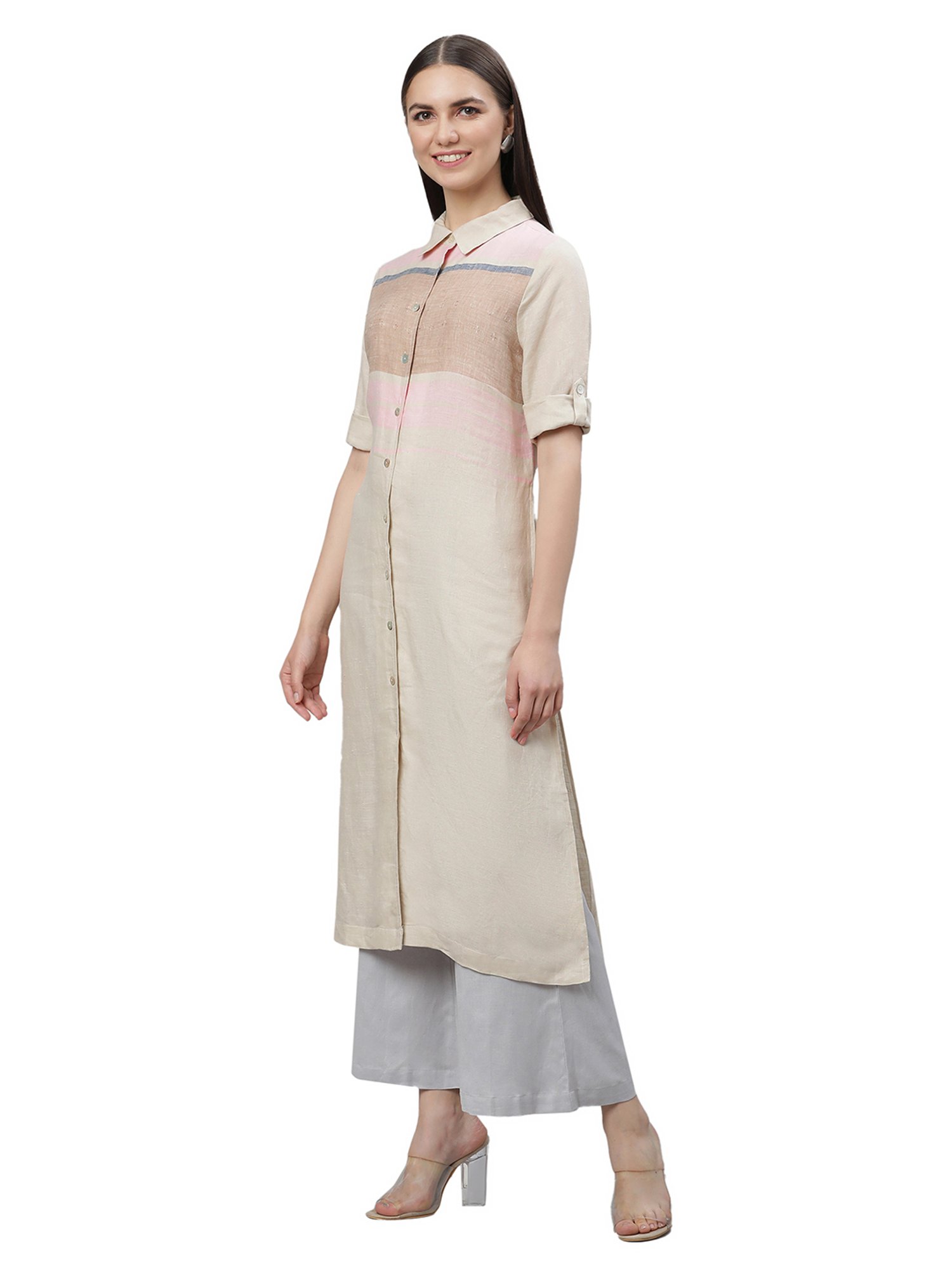 Linen Club Woman Beige Linen A Line Kurta