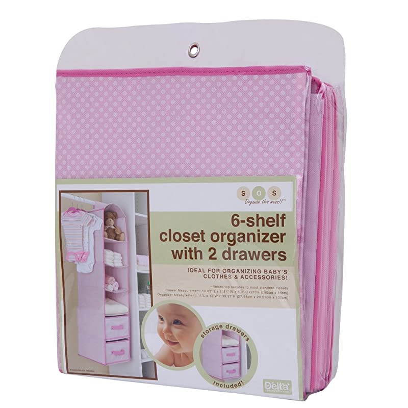 6 Shelf Hanging Wall Storage with 2 Drawers Easy StorageOrganization Solution Holds Sweaters Shirts Pants Accessories More Movable Drawers Allow for Customization Pink